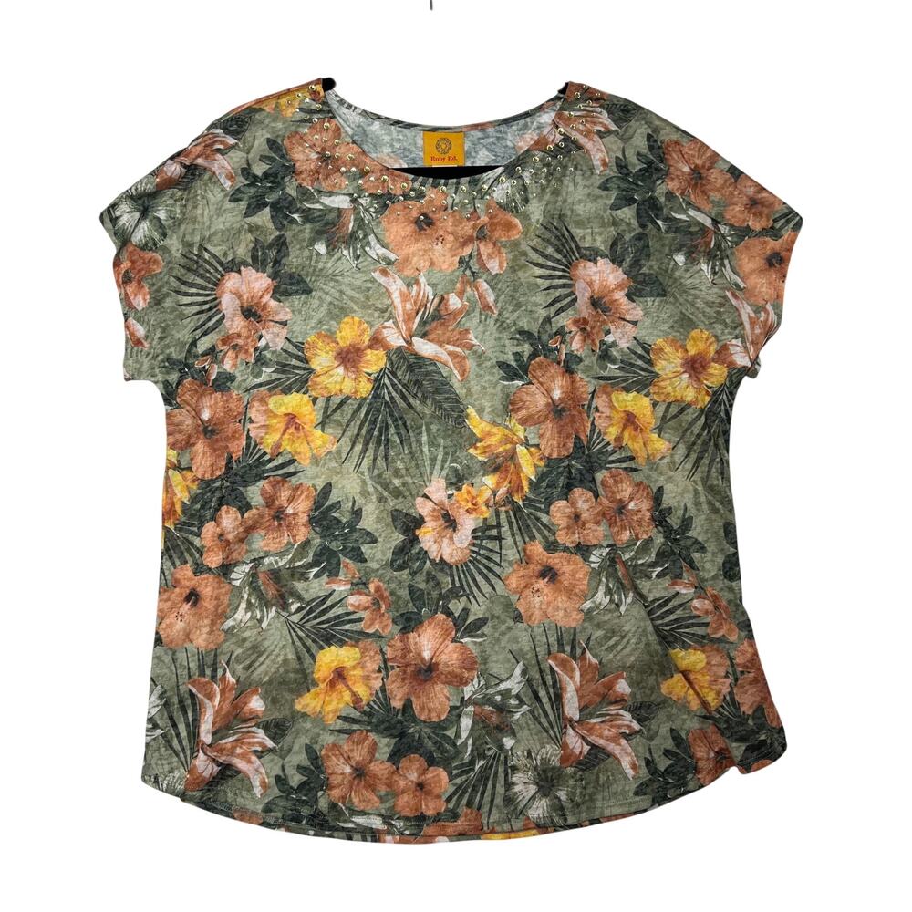 RUBY RD Blouse Women XL Green Floral Rhinestone Studded Neckline Short Sleeve
